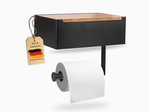 Pandonix® Toilettenpapierhalter mit Feuchttücherbox - Edelstahl & Bambus - Toilettenpapierhalter ohne Bohren - [Schwarz] - klopapierhalter mit feuchttücherbox