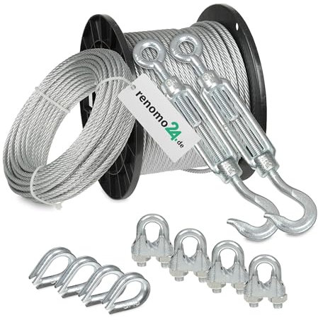 Renomo24 Drahtseil Set 4 - Stahlseil 20m 5mm 6x7 verzinkt, 2x Spannschloss Haken/Öse, 4x Bügelklemmen, 4x Kauschen
