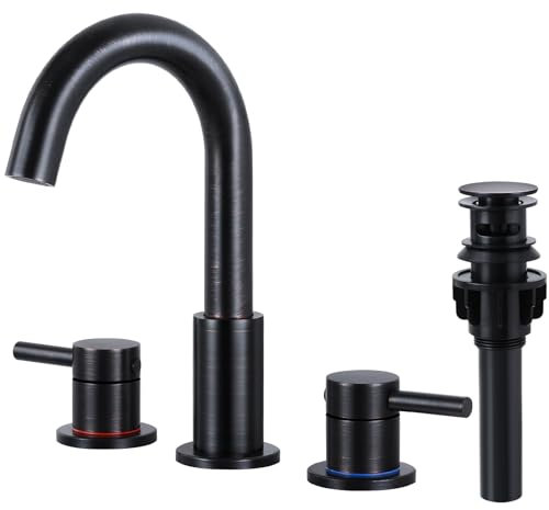 FGKQ Rubinetti da bagno a 3 fori, bronzo lucidato ad olio rubinetti per lavandino del bagno con scarico pop-up, 8 pollici diffuso lavandino rubinetto bagno 2 maniglie con linee di alimentazione idrica