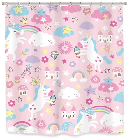 Ufeela Rideau de douche cheval 152,4 x 183 cm pour bébé fille, motif fée rose, animal de dessin animé, princesse arc-en-ciel, ensemble de décoration de salle de bain en tissu polyester imperméable,