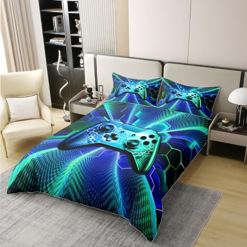 Gamepad-Bettwäsche-Set, 100 % natürliche Baumwolle, Doppelbettgröße, Videospiele, Controller, modischer Bettbezug mit 1 Kissenbezug, geometrische Waben, sechseckiges Bettdeckenbezug-Set, dekorativ,