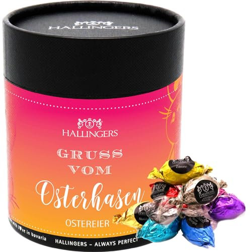 Hallingers Gruß vom Osterhasen XXL - Ostergeschenke für Osterkörbchen zu Ostern, Pralinen Ostereier handgemacht in Box ohne Alkohol (Dose) - Geschenkideen Weihnachten & Geschenke Adventskalender | Glü