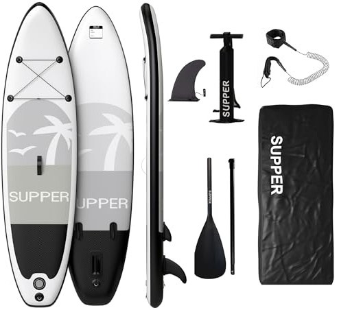 SUPPER Large Stand Up Paddling Board - SUP Board, Inflatable SUP Board, Stand Up Paddle Board with Seat - Yoga, Kayak and More - Includes Complete Accessories (Schwarz, 285 cm x 76 cm)