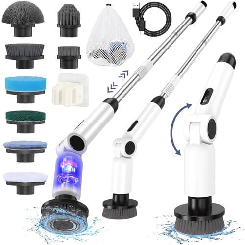 Homtronics Electric Spin Scrubber, [Adjustable Angle] [Battery Display] Cordless Electric Cleaning Brush with 8 Brush Heads, 450r/min, 126cm Adjustable Long Handle Power Scrubber for Bathroom, Floor