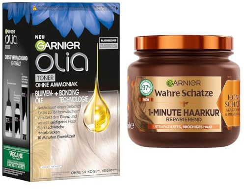 Garnier Colorations- & Pflegeset: Olia 10.1 Platinblond Toner gegen Gelbstich + Wahre Schätze Reparatur-Kur (340ml) - Für Blondiertes Haar, Strähnen & Ombré - Anti-Gelbstich Intensivtönung & Haarkur