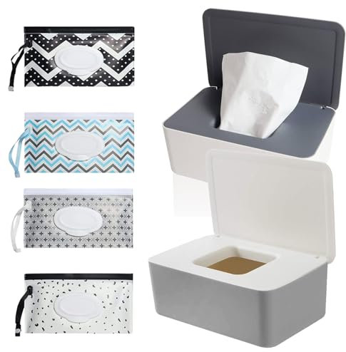 Feuchttücher Boxen, Toilettenpapier Box, Taschentuchhalter, Taschentuchspender, Feuchtes Toilettenpapier Box, 2 Stück Baby Feuchttücher Box und 4 Stück Baby Feuchttücher Spenderbeutel Set