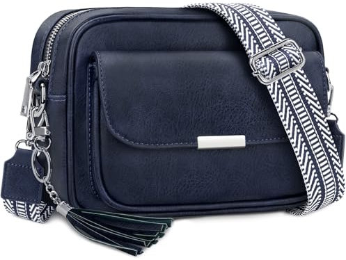 NEWIROVE Crossbody Bag Damen Leder Umhängetasche Damen Mittelgroß Handtasche Schwarz mit Breitem Gurt Verstelbaar Schultertasche Mit Fransen Für den Einkauf Auf Reisen,Blauschwarz