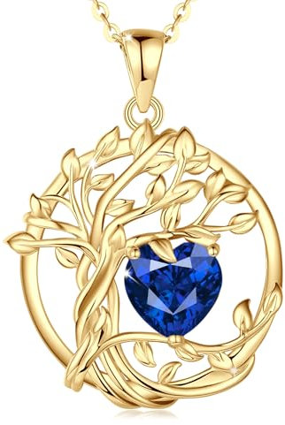 FANCIME Lebensbaum Saphir Kette für Damen Gelbgold Vergoldet Baum des Lebens Saphir Anhänger Halskette Schmuck Geschenke für Damen Frauen Mädchen, Kettenlänge: 40+5 cm