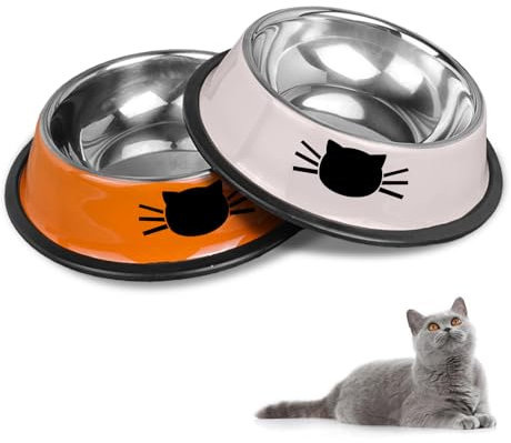 Juego de cuencos para gatos HTRTRR, cuencos antideslizantes de acero inoxidable, comederos y bebederos para gatos y mascotas (gris + naranja)