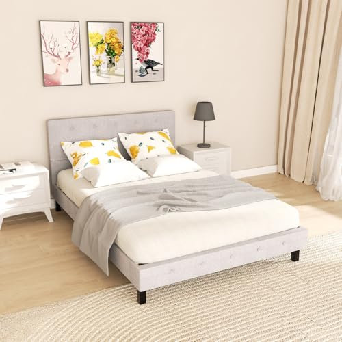 Jaxguom Polsterbett 120 x 200 cm Bett Bettrahmen Doppelausführung Bettrahmen mit Lattenrost Holzlatten zur Unterstützung des Kopfteils, Hellgrau