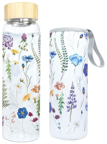 1 Liter Trinkflasche Glas,5,5 cm Weithals Glasflasche,1000ml Wasserflasche Glas mit Schutzhülle & Edelstahl Sieb,BPA-frei,Auslaufsichere Trinkflasche Kohlensäure Geeignet Glass Bottle (Blauviolett)