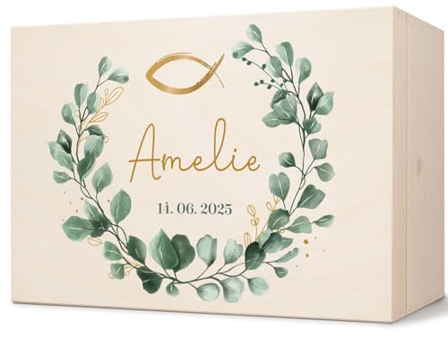 GRAVURZEILE Bedruckte Erinnerungskiste - Eukalyptus Kranz - Personalisiert mit Name & Datum - Erinnerungsbox für Mädchen & Jungen - Geschenk zur Kommunion, Konfirmation & Taufe - Erinnerungsbox