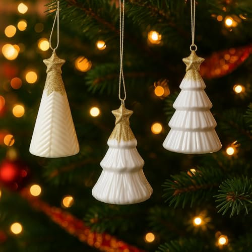 Addobbo Albero di Natale Con albero Bianco Assortito, Decorato Con Stelle Dorate, Elegante e Luminoso per un Tocco Raffinato 13cm - Varzi dal 1956