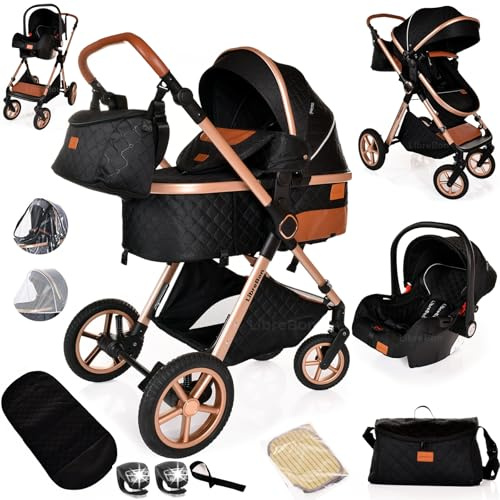 Baby Pram Pushchair Baby Buggy Stroller 3 in 1 Child Lightweight Folding Stroller 3 in 1 Travel System for Newborns & Toddlers 0-36 Months from Birth (Black Gold)