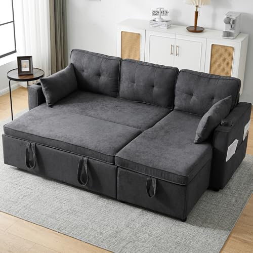Miyemo 3-in-1 Convertible Corner Sofa Bed with Storage, L Shape Sofa Bed with Internal Storage Chaise, Pull Out Daybed with Cup Holders, Pillows and Pocket for Living Room & Office, (Grey)