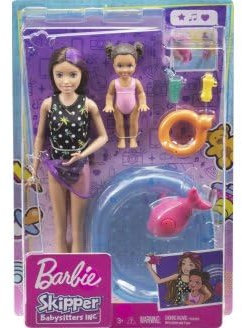 Coffret 2 poupée : Skipper + Fille + Piscine + 5 Accessoires - Set Babysitter pour Barbie avec Une Carte Animal