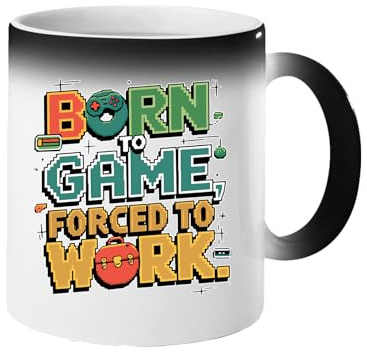 Excudo Trade LTD Born to Game Forced to Work Magic Mug Heat Reveal Coffee Cup Funny Gamer Gift Color Changing Mug with Game Controller Retro Gaming Office Cup - Black