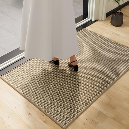 QQL 60x100cm Indoor Doormat Ultra Thin, Front Door Mat, Non-Slip TPR Rubber Backing, Absorbent Dirt Trapper, Easy Clean Welcome Mat, for Entryway, Camel & Beige