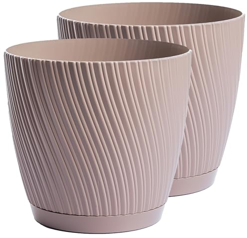 Home Garden Ornaments Plant Pots Indoor – Set of 2 with Drainage & Saucer Swing Indoor Plant Pot – Decorative Striped Flower Plastic Planter Design – 5 Colours & 6 Sizes (15cm / 5.9 inch, Taupe)