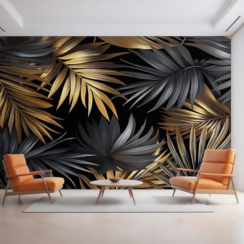 Black Gold Leaf Wallpaper, Palm Leaves Tropical Wall Mural for Living Room, Non-Woven Wall Paper for Bedroom 300X210cm, Photo Wallpaper Home Decor D32