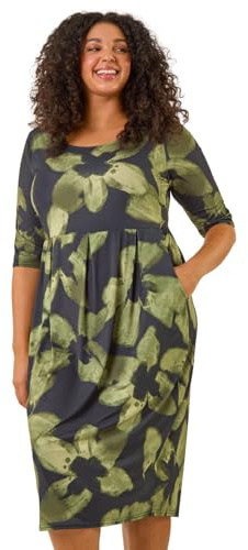 Roman Curve Abstract Print Stretch Dress for Women UK Ladies Autumn Everyday Winter Holiday Round Neckline Comfy Short Sleeve Soft Midi Length Frock Desk to Dinner - Green Plus - Size 2224