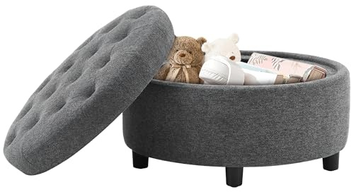 Round Storage Ottoman Footstool with Reversible Wooden Lid, 63.5cm Padded Pouffe Stool with Hidden Storage, Soft Linen Fabric Foot Rest with Anti-Slip Legs, Multifunctional Coffee Table Ottoman