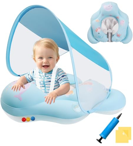 Ninonly Flotador Bebe con Sombrilla UV UPF 50+ Flotador Inflable para Bebe de Protección Solar Antivuelco Piscina Bebé con Asiento y Respaldo para Niños de 12 a 36 Meses(Azul Opaco)