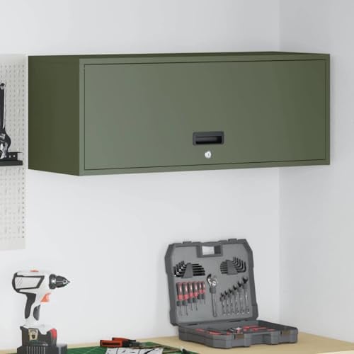 Bucmath Armoire murale pour garage, en acier revêtu par pulvérisation, vert olive, 33 x 90 x 35 cm, porte de levage à gaz, rangement sûr, idéale pour atelier, cuisine