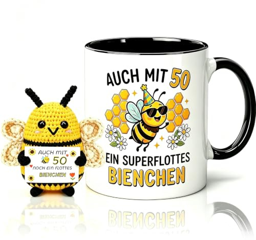 Wryzorix 50. Geburtstag Tasse für Frauen,Geschenk 50 Geburtstag Frau mit Positiver Kartoffel Biene,Pocket Hug Positive Glücksbringer Biene,Beidseitig bedruckte Keramik Tasse 350 ml