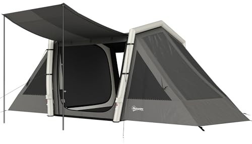 Outsunny Aufblasbares Campingzelt für 4 Personen, Blackout – Luftzelt 5,8 m lang mit 2 Schlafzimmern und Wohnzimmer – wasserdicht 3000 mm mit Pumpe, Sonnendach und fluoreszierenden Heringen