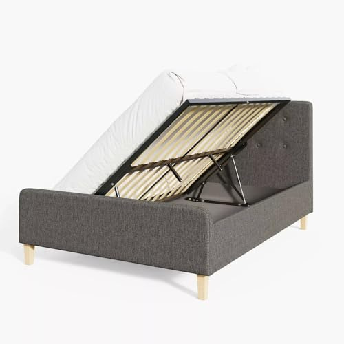 GFW Ashbourne 4ft6 Double Dark Grey Upholstered Ottoman Bed Frame, Storage Bed with Reinforced Base, Hopsack Fabric Bed with Buttoned Headboard