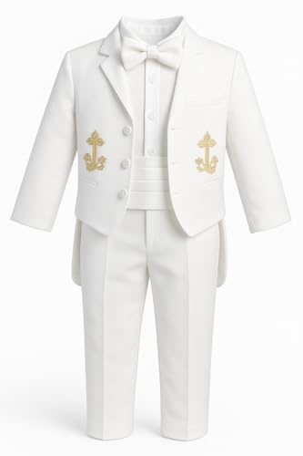 iGirlDress Little Boys White Baptism Christening Mandarin Collar Tail 5 pcs Tuxedo with Gold Cross Embroidery Size 3