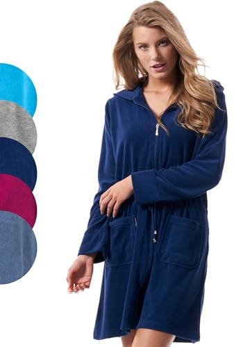 Morgenstern Kurzbademantel Damen Frottee mit Reißverschluss und Kapuze Blau Dunkelblau Damenbademantel M Baumwolle Frauen weich zipp leicht