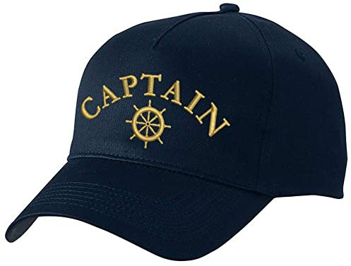 Nashville print factory Basecap Bestickt mit Motiv Anker/Steuerrad/Kompass-Rose Captain Kapitän Steuermann Mütze Cappy (Navy, Steuerrad + Captain)