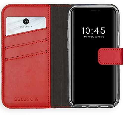 SELENCIA Bookcase Hülle kompatibel mit iPhone 12 Mini – Era Leder Handytasche Side Flip Case – Handyhülle aus Rindsleder in Rot [3 Kartenfächer, Magnetverschluss]