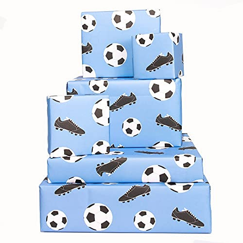 Central 23 - Lustiges Geschenkpapier für Jungen - 6 Blatt Geschenkpapier - Geburtstag - Fußball - Fußballschuhe - Für Mädchen - Blau - Weiß - Recycelbar