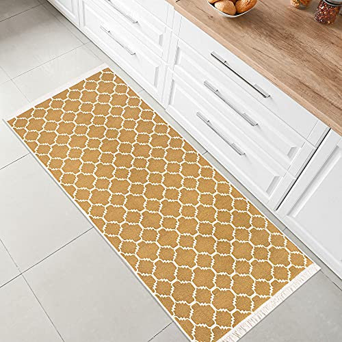 Fashion4Home Teppich Läufer - Tepiche für Wohnzimmer, Schlafzimmer, Küche, Kinderzimmer, Badezimmer - Boho Kelim - Läufer Flur, Morocco-Gold-Weiß, Größe: 50x80 cm