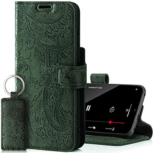 SURAZO Prestige Leather Case for Apple iPhone 13 Pro Max - RFID Wallet Flip Cover with 3 Card Slots & Cash Pocket - Secure Magnetic Closure & Kickstand - Real Leather Folio Bumper (Ornament Green)