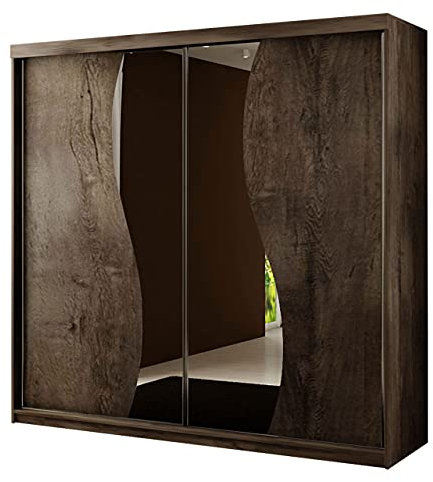Mirjan24 Kleiderschrank Toplo 200 I, Spiegel, Dielenschrank, Garderobenschrank, Schlafzimmerschrank, 200 x 200 x 62 cm, Schwebetürenschrank (Esche Dunkel, mit Blauer LED Beleuchtung.)