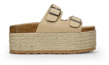 BOSANOVA Sandalias con Suela Bio de Corcho, Dos Tiras Frontales con Hebillas Ajustables y Suela de Plataforma en Esparto XXL Sin Cierre. Calzado para Mujer Beige 37