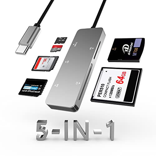 CF Kartenleser USB C 3.0, 5Gbps Hochgeschwindigkeits Multi-Kartenleser mit TF/SD/MS/M2/XD/CF 5-Kartensteckplätzen, SD Kartenleser USB C aus Aluminium für Windows XP/Vista/Mac OS/Linux, Plug-and-Play