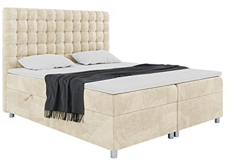 MEBLINI Boxspringbett mit Bettkasten - Gepolstert Doppelbett mit Matratze und Topper - Polsterbett mit Stauraum - Bett mit Kopfteil - Stauraumbett - Aston - 120x200 - H3/Beige Samt