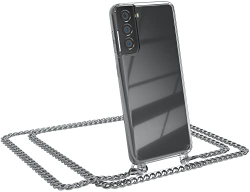 EAZY CASE Handykette kompatibel mit Samsung Galaxy S21 5G Handyhülle mit Metal Umhängeband und Ersatz Kordel schwarz, Handykordel mit Schutzhülle, Stylische Kette, Metal - Silber