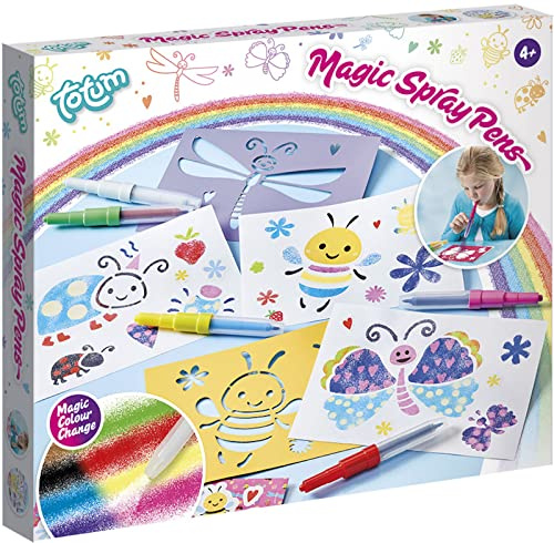 Totum Pustestifte Kreativset: 4 Farbwechsel Sprühstifte + 1 magischer Sprühstift mit Farbveränderungseffekt, Sprühvorlagen, Sticker & Ausmalbuch | Geschenk für Kinder ab Jahren, 025745