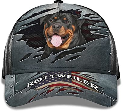 456 Sommer Kappe Happy Rottweiler Dog Doggy Und Amerikanische Flagge Baseballkappe Sonnenschutz Golf Hüte Leichtgewicht Capatmungsaktive Mütze Für Tennis Herren Damen