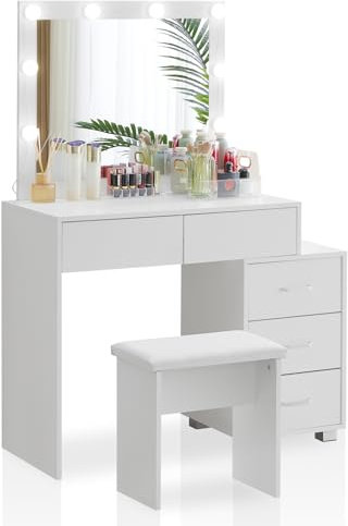 TUKAILAI Schminktisch mit Beleuchtung Spiegel, Kosmetiktisch mit 5 Schubladen, Frisiertisch mit Hocker, Makeup Vanity 80x40x135cm für Wohnzimmer/Schlafzimmer, Schminktisch für Kleine Räume Weiß