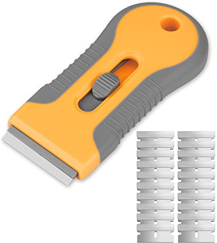 Ainiv 1 Raspadores de Cristal con Mango Largo, Incluyendo 20 Cuchillas de Repuesto, Rascador Multiusos de Limpieza para Raspar Etiquetas, Pegatinas, Calafateo, Pintura de Vidrio(Naranja Gris)