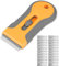 Ainiv 1 Raspadores de Cristal con Mango Largo, Incluyendo 20 Cuchillas de Repuesto, Rascador Multiusos de Limpieza para Raspar Etiquetas, Pegatinas, Calafateo, Pintura de Vidrio（Naranja Gris）