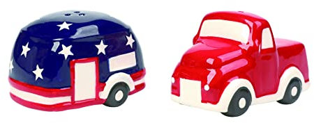 Americana Stars & Striped Old Fashioned Truck & Camper Dolomite Stoneware Salt & Pepper Shaker Set of 2
