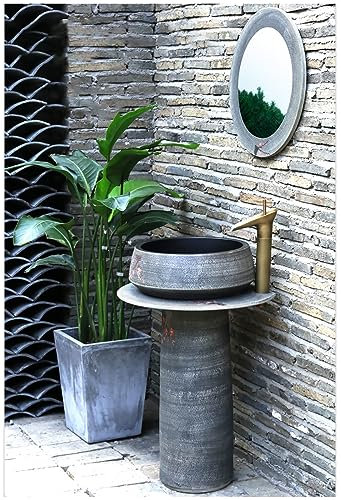 ZTGL Lavabo Lavandino con Colonna in Porcellana Bagno, Lavabo da Appoggio Rotondo Ceramica, Lavandino a Colonna con Set Rubinetto e Scarico,with Mirror